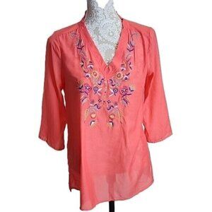 Dana Buchman Top Tunic Orange 3/4 Sleeve Embroidered Floral Women's Medium
